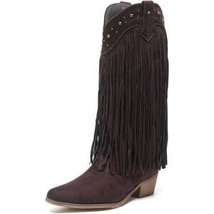 AMOJI Women Brown Western Cowboy Boots Pointed Toe Mid Calf Cowgirl